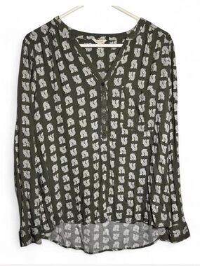 Sonoma Lifestyle L Olive Green Fox Print Henley Blouse Cottagecore Woodland